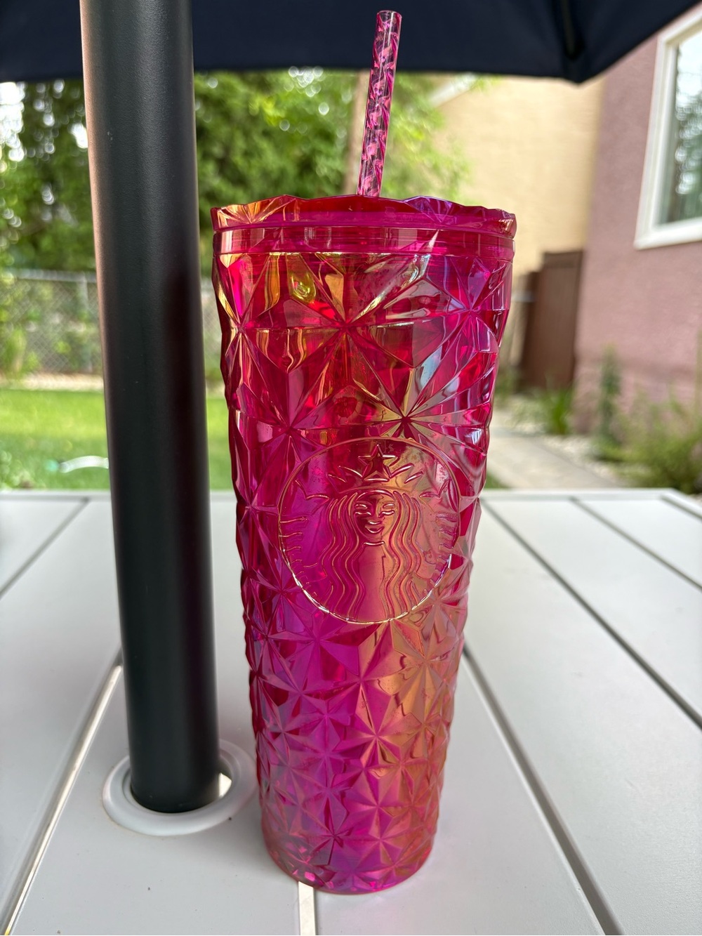 Starbucks Hot Pink Iridescent Faceted Prism Tumbler with Straw